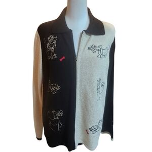 Tan Jay Unique Two-Tone Black and Cream Zip Sweater with Dog Embroidery.